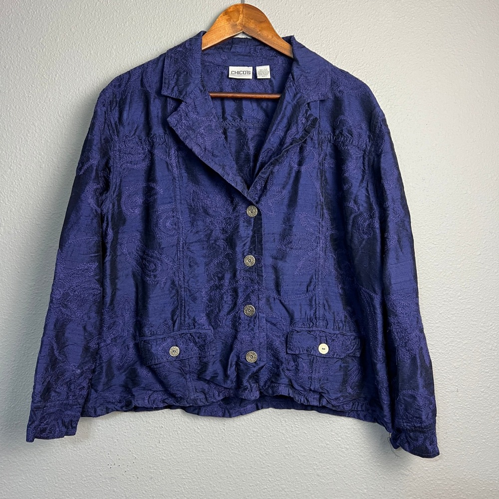 Chico's Size 16 Purple Floral‎ Embroidered Silk Blend Bomber Button Front Jacket
